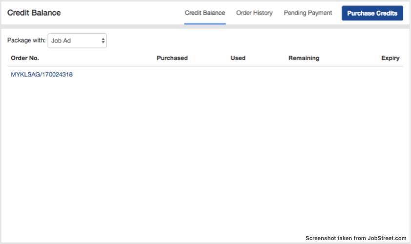 Credit balance list on JobStreet