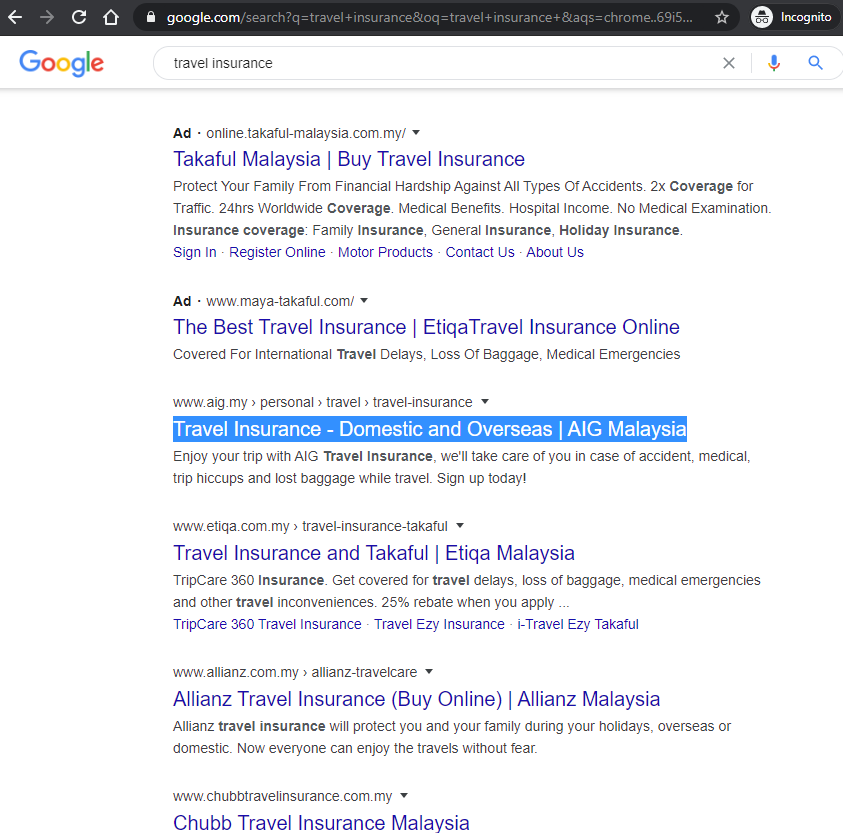 Ranked Number 1 for 'Travel Insurance' keyword search