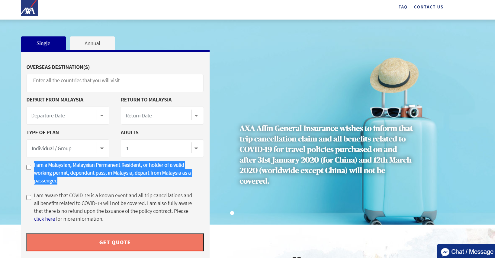 AXA Quote Page - Digital Travel Insurance
