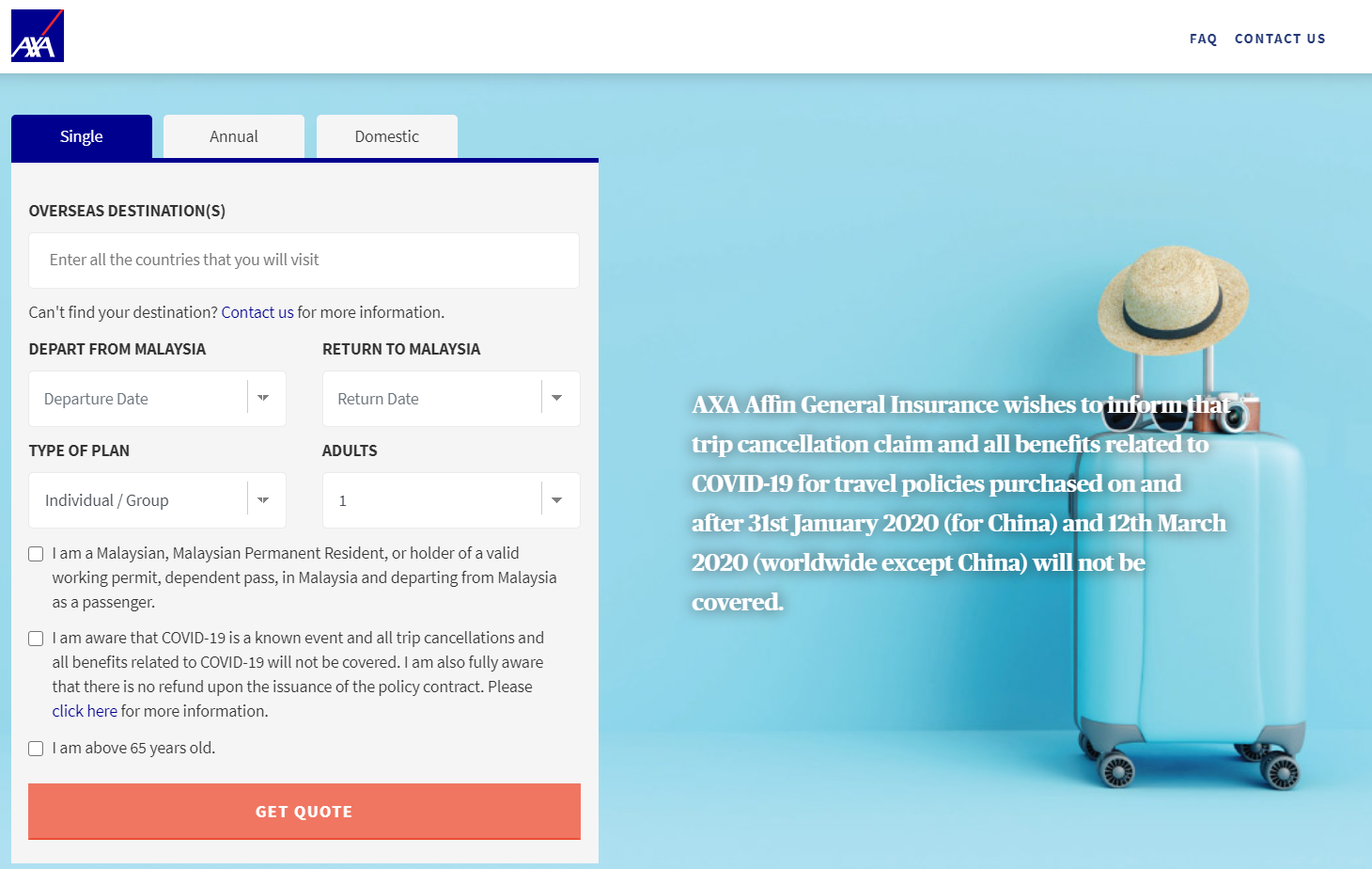 AXA Quote Page - Digital Travel Insurance for Covid-19