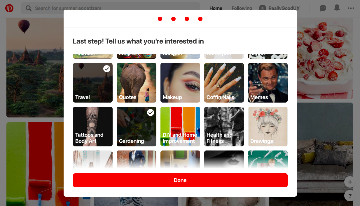 Pinterest onboarding experience - endowment effect