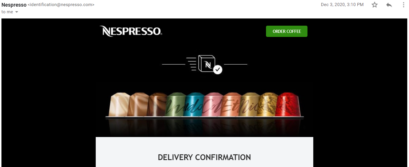 Consistent omnichannel user experience - Nespresso email confirmation