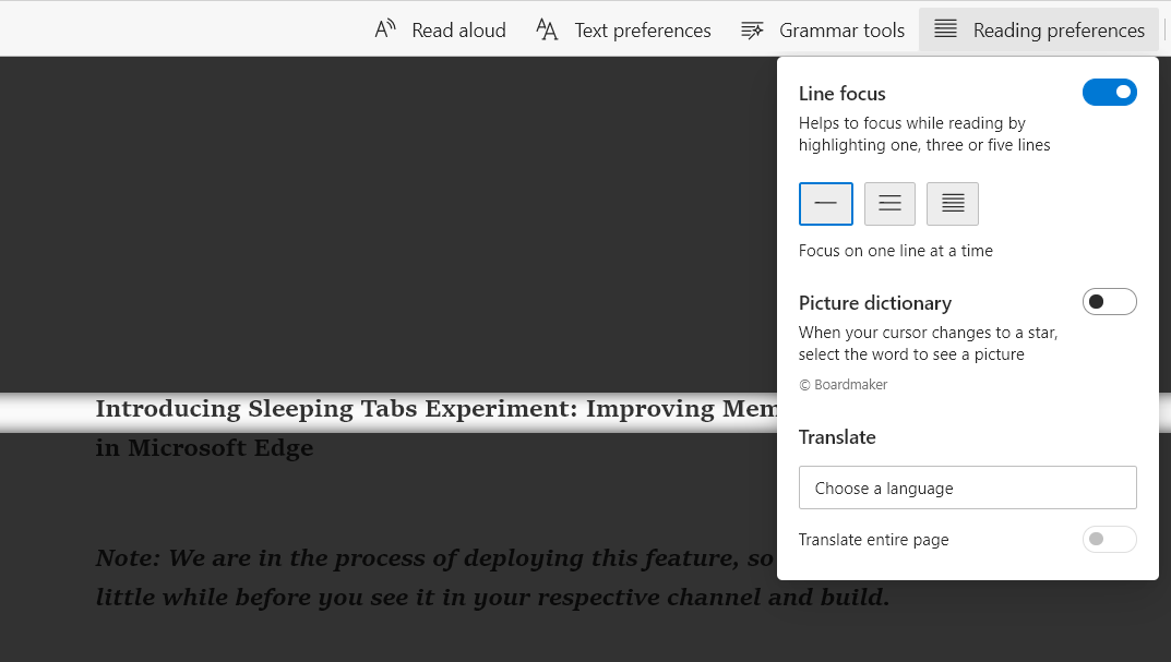 Microsoft Edge - Reading Preferences